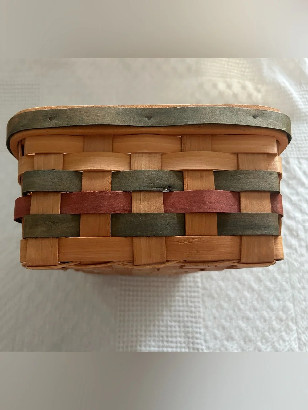 Handwoven Natural Wood Tray Basket with Green and Red Accents